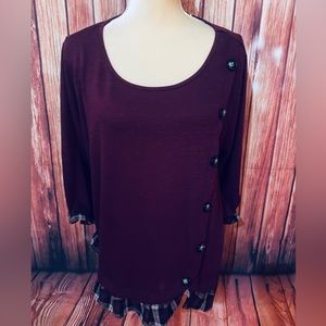 Women’s 1X Blouse IN Studio Dark Red Knit Side Button Detail Flannel Plaid Trim